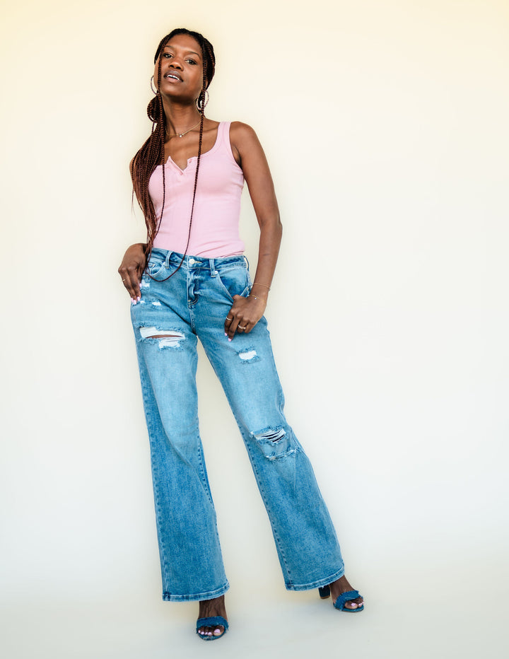 The 90's Tall Boyfriend Jeans Medium Blue Distressed The Elevated Closet