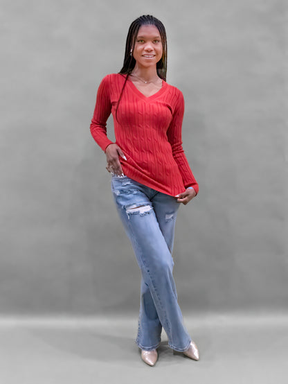 Tall V-Neck Cable Knit Sweater