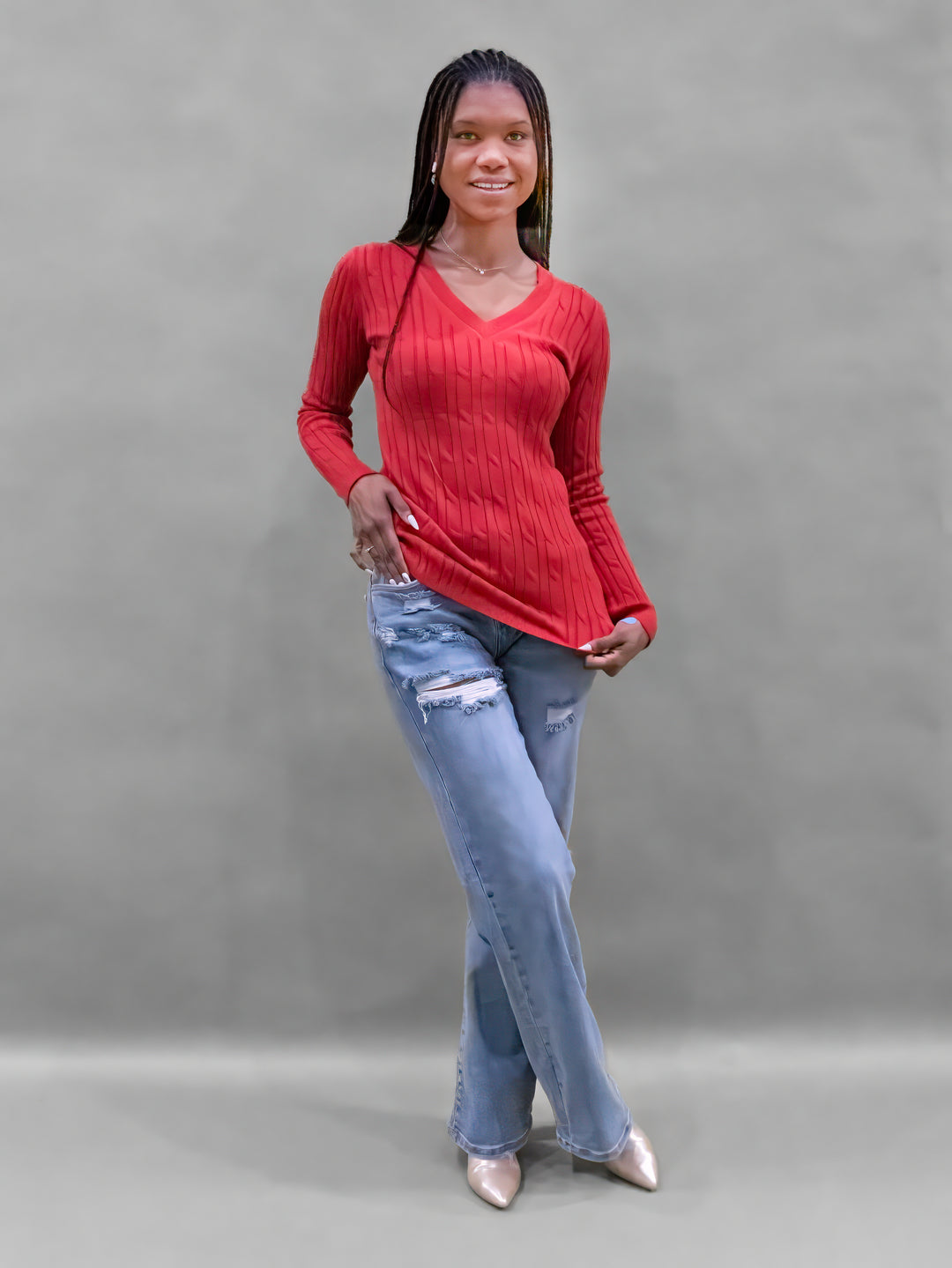 Tall V-Neck Cable Knit Sweater The Elevated Closet