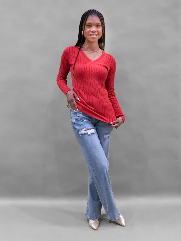 Tall V-Neck Cable Knit Sweater The Elevated Closet