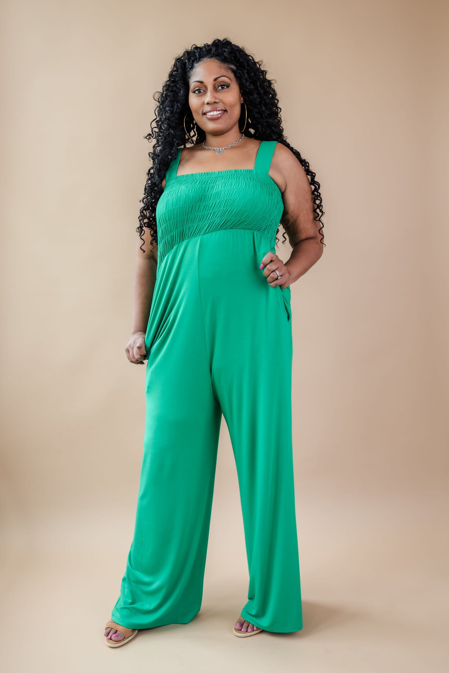 Tall Mallory Smocked Jumpsuit-Green