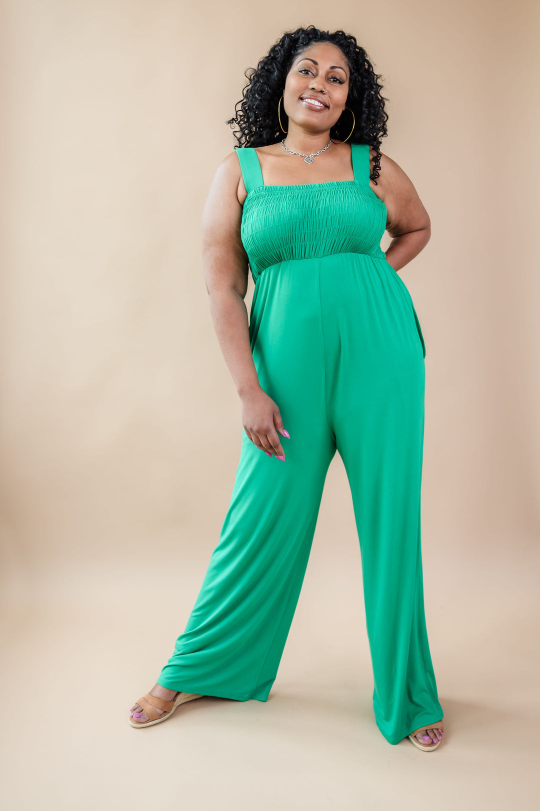 Tall Mallory Smocked Jumpsuit | Green The Elevated Closet