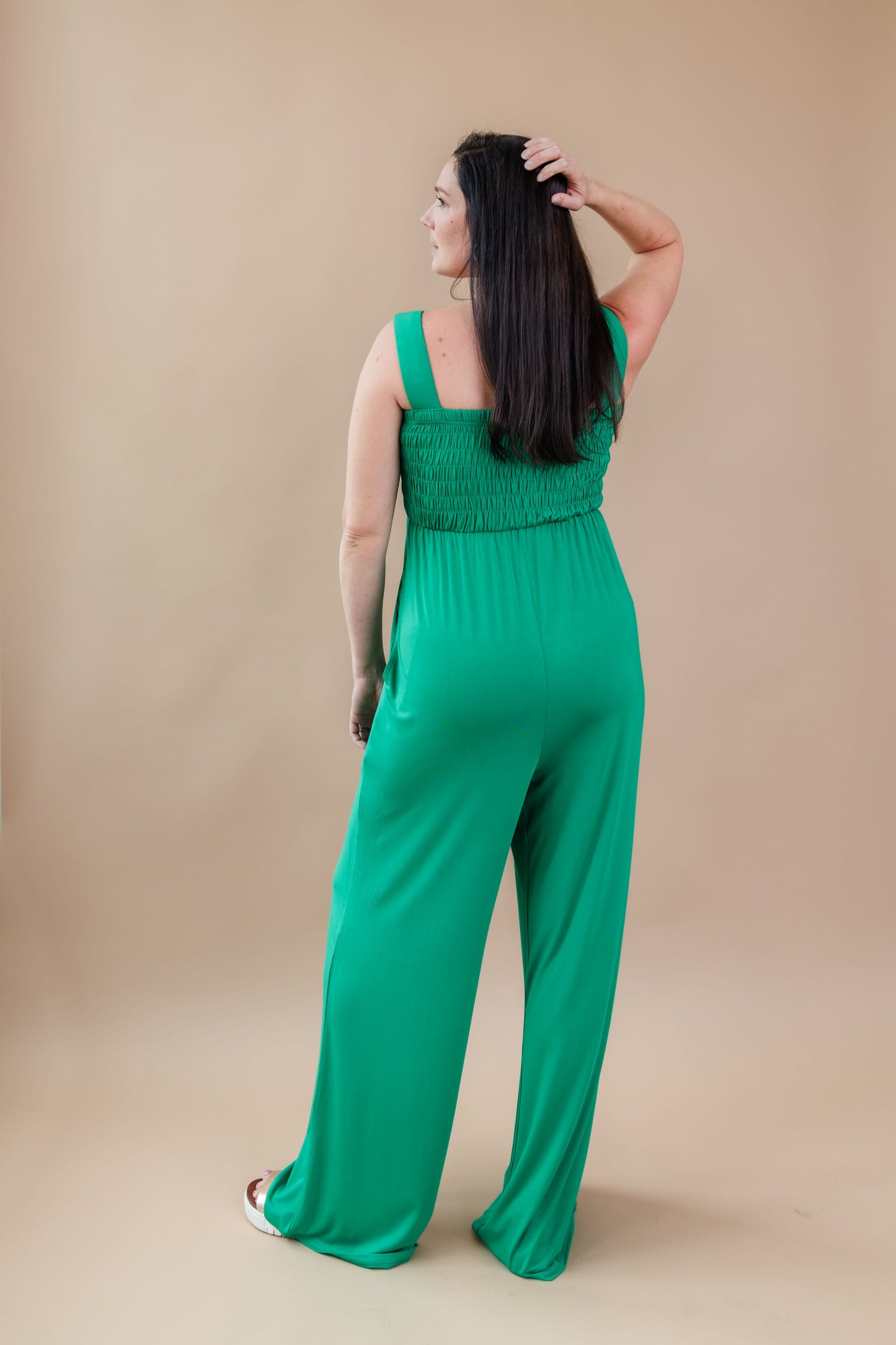 Tall Mallory Smocked Jumpsuit-Green