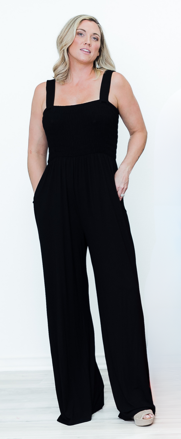 Denim Jumpsuit Tall Black Wide Leg Jumpsuit Tall Mallory Smocked