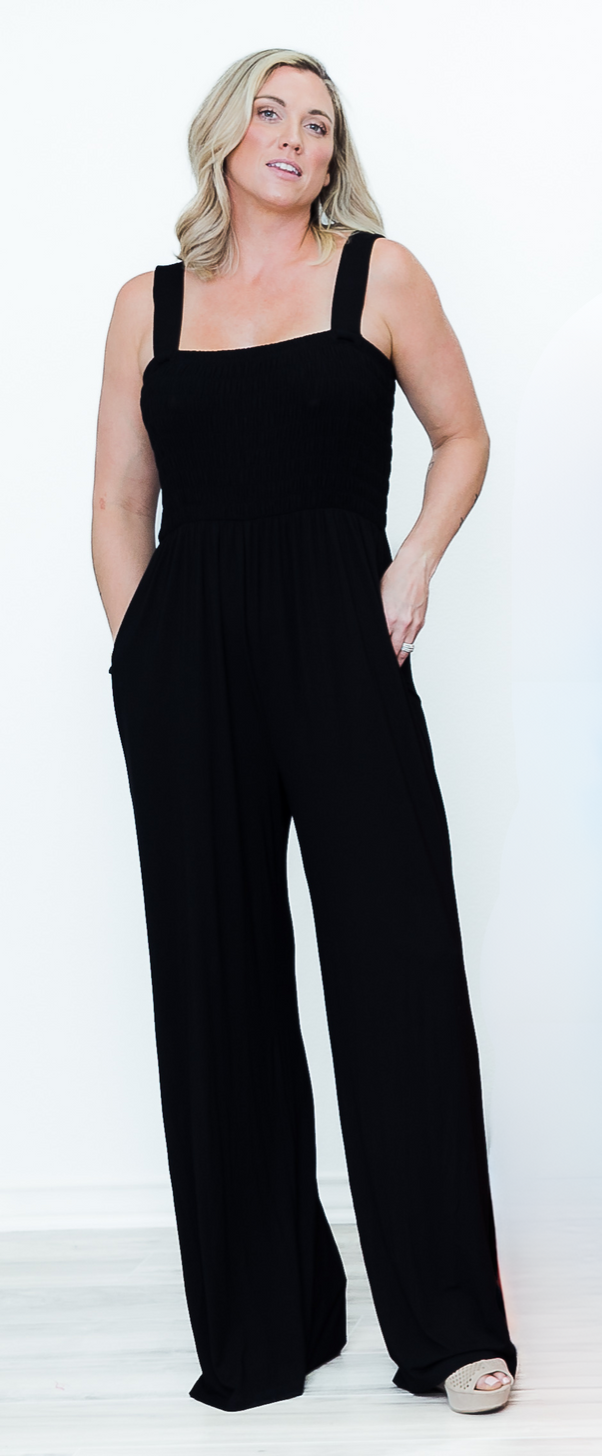 Tall Mallory Smocked Jumpsuit | Black Black The Elevated Closet